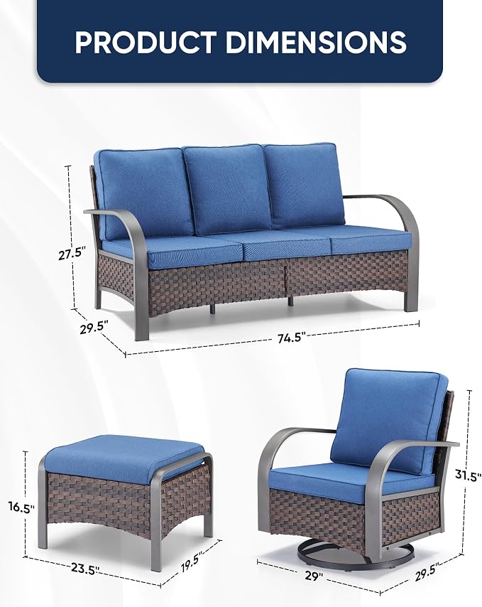 HUMMUH Outdoor Patio Furniture Sets-Wicker Patio Furniture Couch and Swivel Rocker Chairs Conversation Set for Deck Porch Garden Poolside Backyard-Brown/Blue