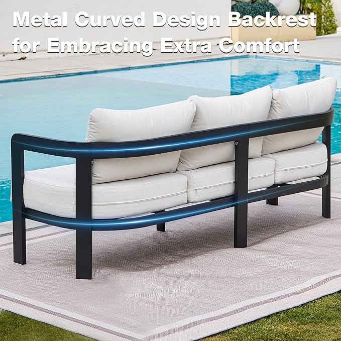 Outdoor Patio Sofa, 3-Seat All-Weather Metal Modern Couch with Washable Thick Cushion for Garden/Backyard/Porch, White