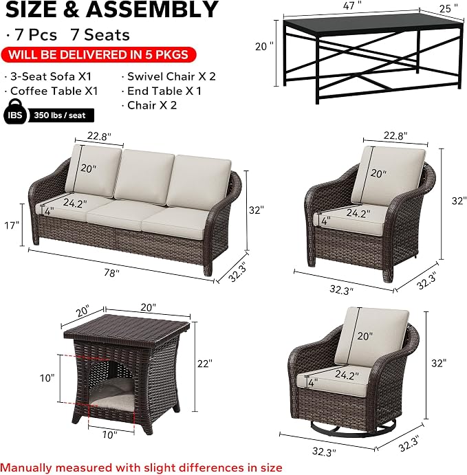 7 Pieces Patio Conversation Set, 78" Wicker 3-Seat Couch with Washable Cushions, 2 Glider Swivel Rocker Chairs, 2 Armchairs, Coffee Table, Rattan Cat Bed End Table, Sofa for Lawn (Beige)