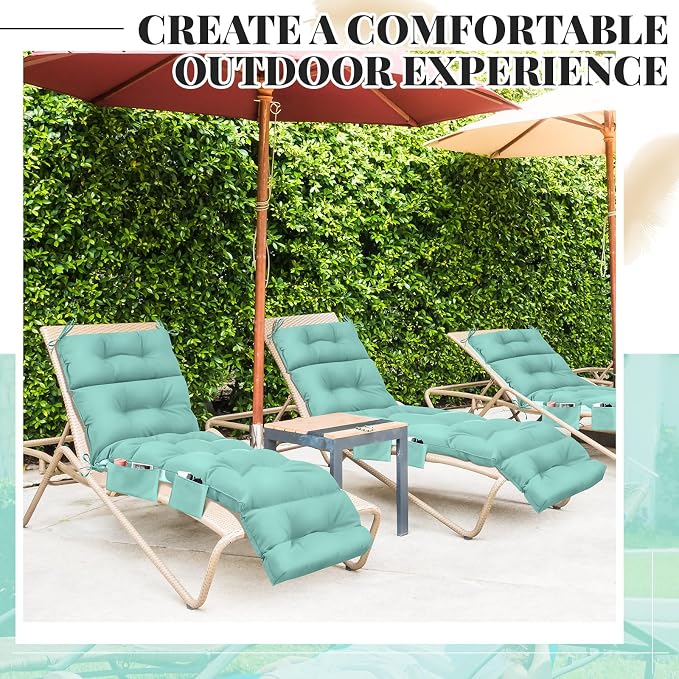 Kigley 2 Pcs Outdoor Chaise Lounge Cushions with 3 Side Pocket 74.5 x 22 x 4.7 Inch Patio Chaise Lounge Cushion, Water-Repellent and Fade-Resistant Tufted Summer Replacement (Light Green)