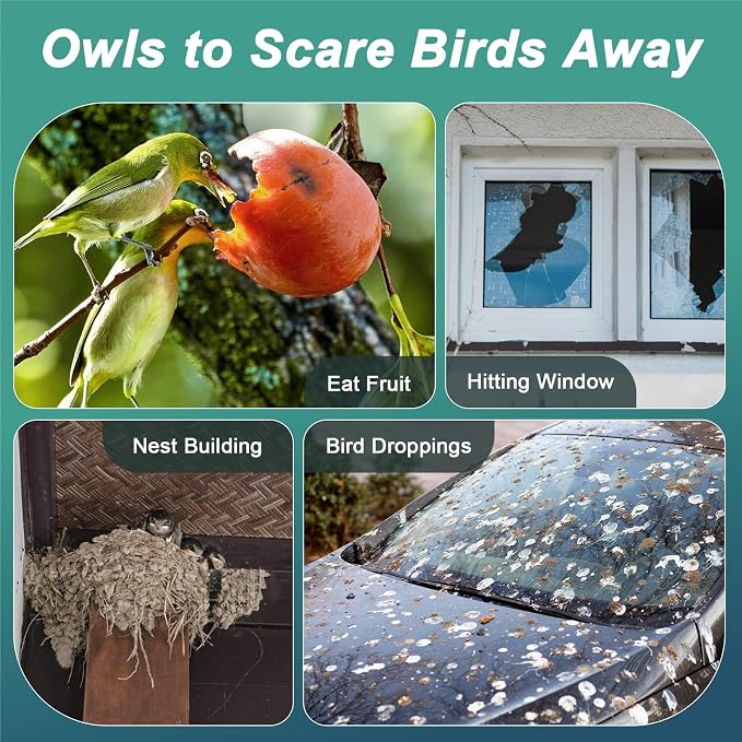 Owls to Keep Birds Away: 3Pcs Fake Owl with Reflective Tape for Garden Patio, Reflective Hanging Decoration to Keep Birds Pigeon from Windows Tree