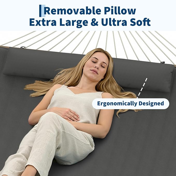 2 Person 12FT Hammocks for Outside, Double Quilted Fabric Outdoor Hammock with Spreader Bar, Large Removable Pillow, Storage Pockets, Carabiners, Max 450 Lbs Capacity