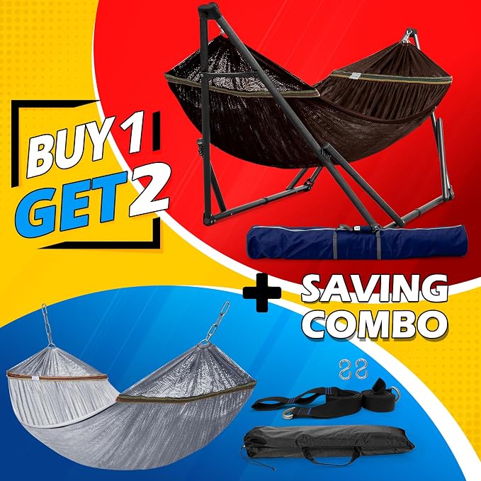 Tranquillo Combo x2 Hammocks with Stand for Outside & Tree Straps, Heavy Duty Hammock with Stand 600lbs for Indoor Outdoor Patio Backyard, x2 Hammocks for 2 Person (Combo - Brown, Medium)