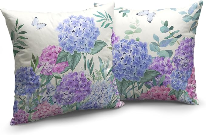 Hydrangea Pillow Covers 24x24 Set of 2 Spring Flowers Outdoor Pillow Covers Blue Purple Hydrangea Eucalyptus Throw Pillowcase Cotton Linen Cushion Case for Sofa Outdoor Patio