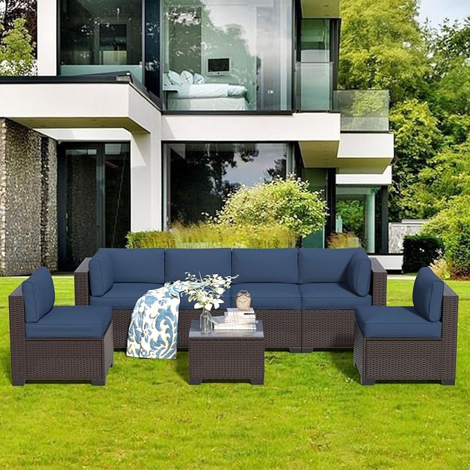 7 Piece Patio Furniture Set, Rattan Outdoor Patio Conversation Sets, Outdoor Sectional Furniture with Thickened Cushions and Coffee Table, for Deck, Backyard, Garden, Dark Brown & Navy Blue
