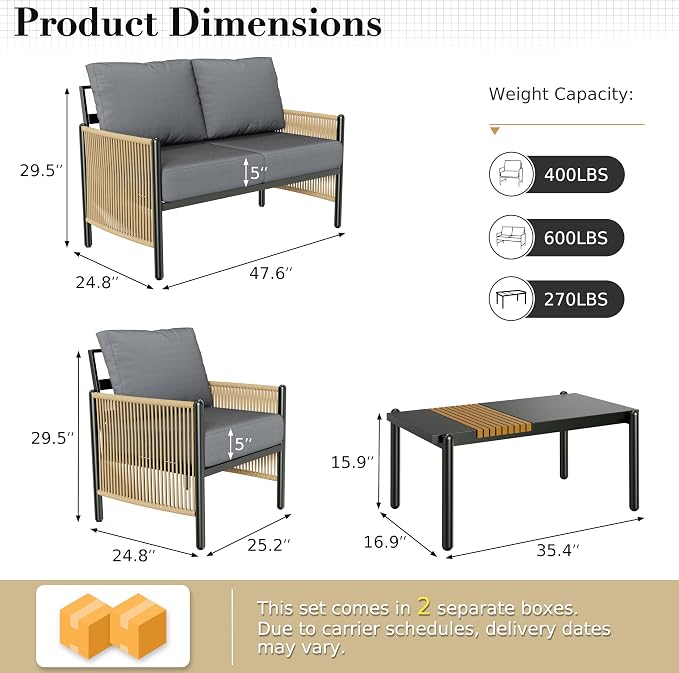 Aluminum Patio Furniture Set, 4 Seats Outdoor Patio Furniture with Coffee Table, Outdoor Wicker Conversation Sets with Cushion for Backyard, Balcony,Porch,Dark Grey
