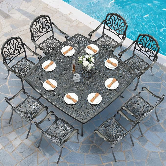 MEETWARM 9-Piece Outdoor Furniture Dining Set for 8, All Weather Cast Aluminum Patio Dining Set- Large 64" Square Table and 8 Chairs, Patio Table and Chairs Set for Garden, Umbrella Hole, Dark Bronze