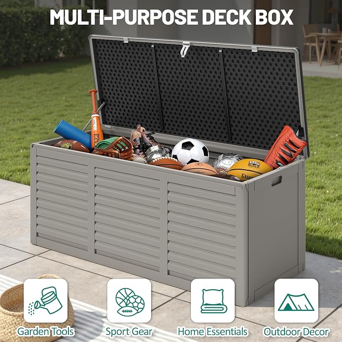 130 Gallon Outdoor Storage Box Lockable Deck Boxe Outdoor Waterproof for Patio Package Delivery Weather-Resistant & Easy Assembled (Gray)