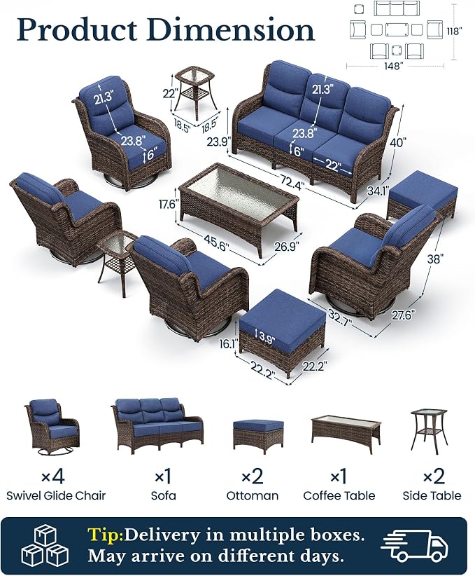 HILLGA Luxury Outdoor Patio Furniture Set with 6-Inch Thick Cushions, High Back Wicker Swivel Rocker Chairs, 10 Pcs All Weather Furniture Set for Large Deck, Yard and Poolside, Blue (V3)