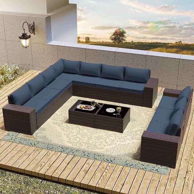 12 PCS Outdoor Patio Furniture Set,Outdoor Sectional Furniture All Weather PE Rattan Wicker Patio Conversation Set with 2 Coffee Tables and 10 Thickened Cushions,Navy Blue