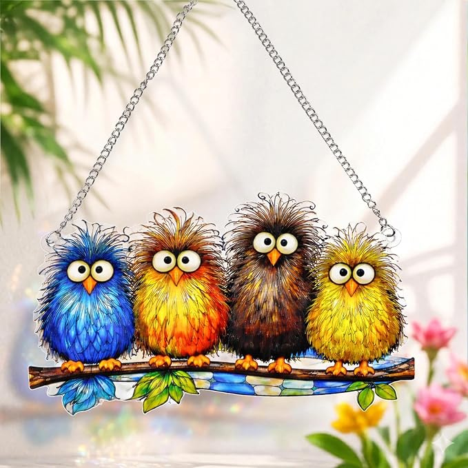 Stained Glass Window Hanging - Funny Fluffy Birds Suncatcher for Windows Doors Home Decor, Colorful Crazy Birds on Branch Sun Catcher Gift for Women Mom Nana Bird Lovers Christmas Mother's Day 7.8 in