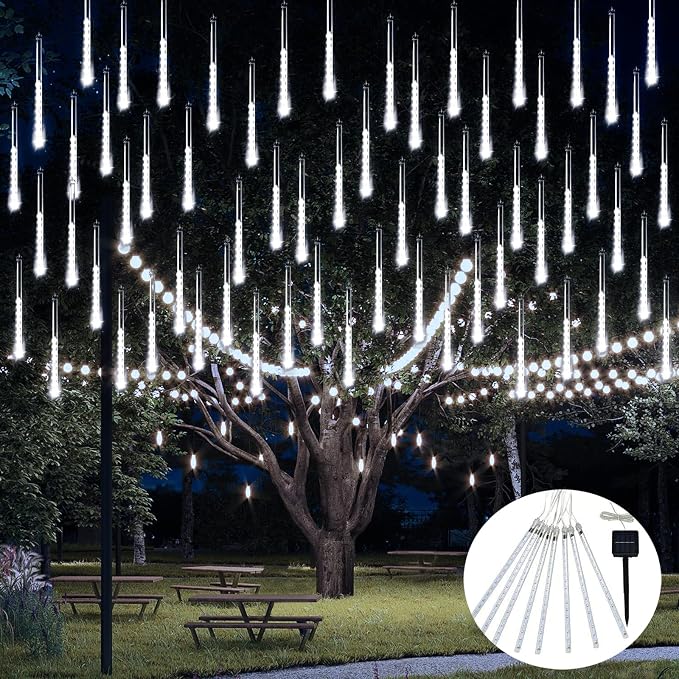 JMEXSUSS White Solar Lights Outdoor, Solar Meteor Shower Lights Outdoor | 8 Tube 144 LED Christmas Lights for Tree Wedding Xmas Holiday Party Patio Gazebo Decor