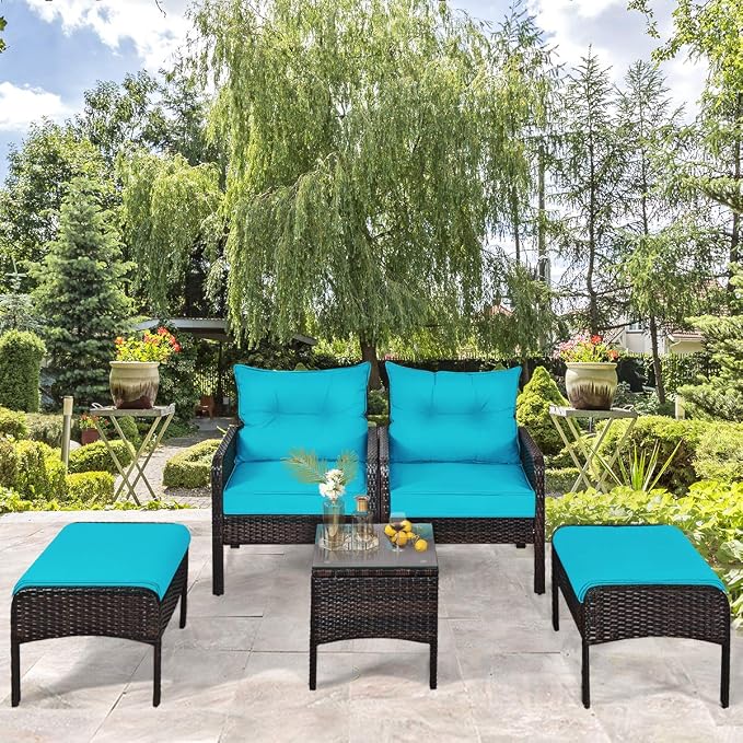HAPPYGRILL 5-Pieces Patio Furniture Set Outdoor Rattan Wicker Conversation Set with Coffee Table Cushioned Sofas and Ottoman Chat Set for Garden Backyard