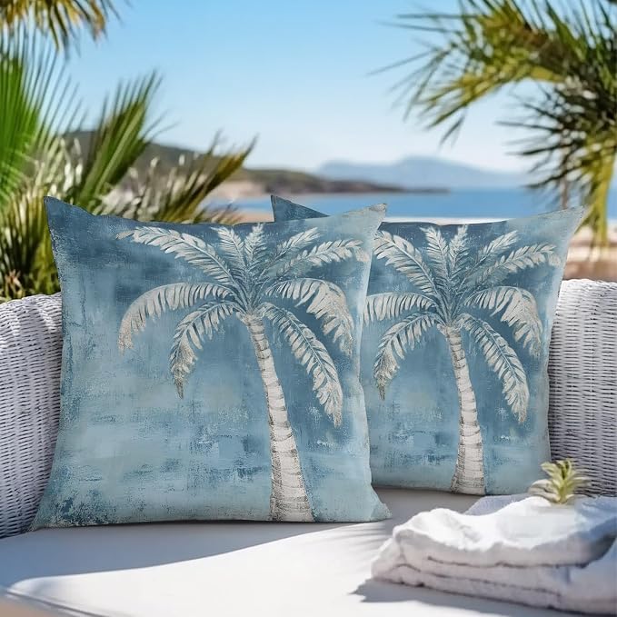 Coastal Beach Tree Blue Grey Outdoor Waterproof Pillow Covers, Vintage Summer Palm Tree Decorative Square Throw Pillowcase, Tropical Botanical Sofa Cushion Sham for Patio/Couch/Chair, 18"x18" 2 Pack