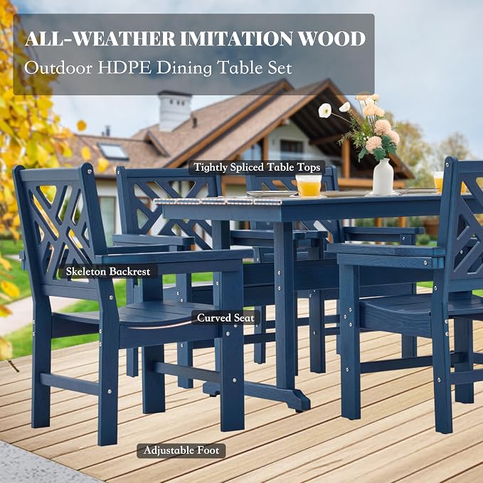 HDPE Outdoor Dining Set,6-Piece Outdoor Table and Chairs Include 4 Dining Chairs and 2 Pcs 62.5" Patio Dining Table with Umbrella Hole (Blue)