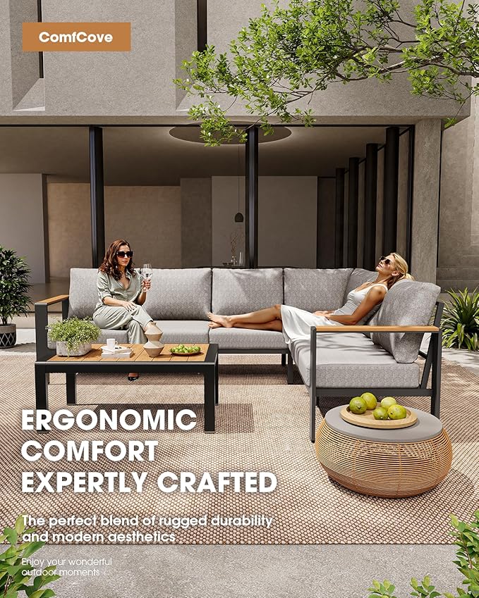 Aluminum Outdoor Patio Furniture Set 8 Seats, Outdoor Sectional Corner Sofa, Patio Conversation Sets with Coffee Table & Washable Thick Cushions, Outdoor Furniture for Backyard, Porch, Gray