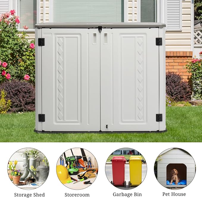 VINGLI Outdoor Horizontal Storage Shed Waterproof with 34 Cubic Feet Storage Space, 50” x 29” x 41” Patio Storage Cabinets for Garbage Cans, Bike, Tools， Deck Box for Yard, Porch, Garden, White