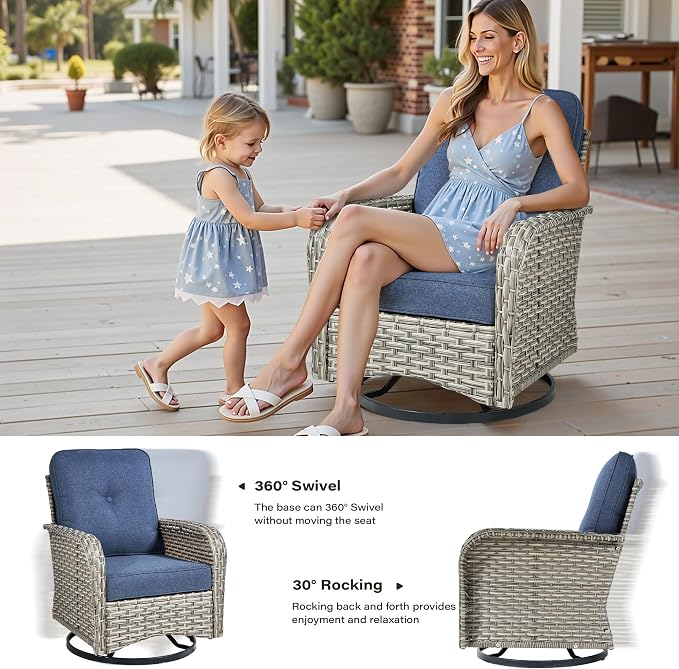 10 Pieces Outdoor Sectional Patio Furniture Set with Swivel Rocking Chairs,Wicker Conversation Sets Rattan L Shaped Couch,Modular Outdoor Sofa for Porch Balcony Backyard Denim Blue