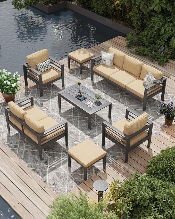 AECOJOY Aluminum Patio Furniture Set, 9 Seats Modern Outdoor Furniture with Coffee Table, 7 Pieces Metal Conversation Sectional Sofa, Beige