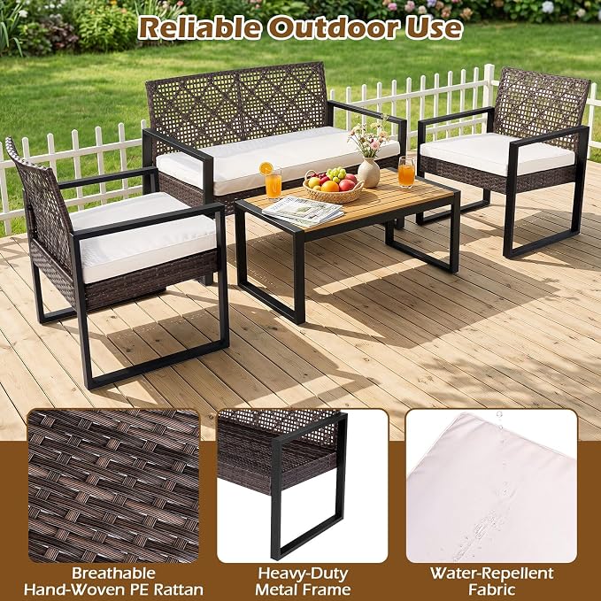 Tangkula 4-Piece Patio Conversation Set, Outdoor Furniture Set w/2 Single Chairs, Cushioned Loveseat & Acacia Wood Coffee Table, PE Wicker Seating Set w/Metal Frame & Adjustable Feet for Yard (Brown)
