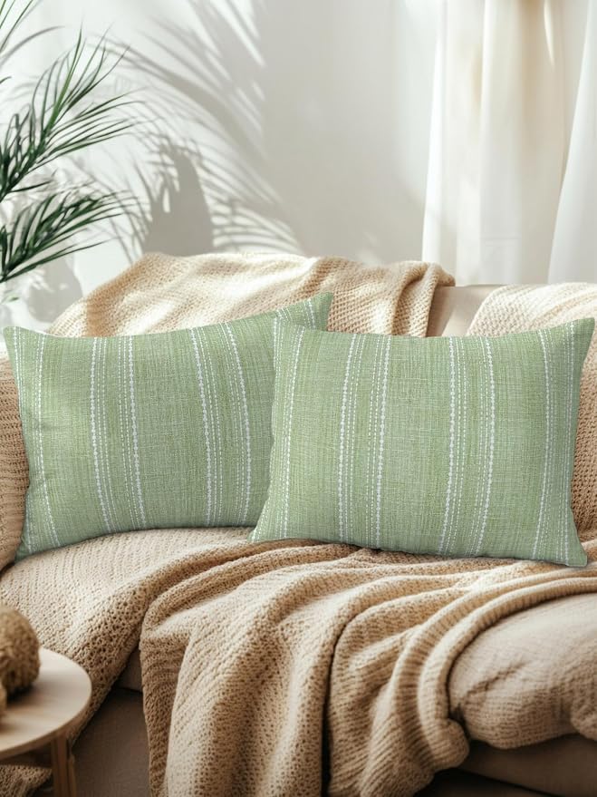 Waterproof Outdoor Pillow Set of 2 Olive Green Linen Stripes Decorative Throw Pillows Cover & Insert 20x12 Inch Lumbar Pillowcase Parallel Vertical Lines Pillows for Couch Sofa Bed Patio Furniture