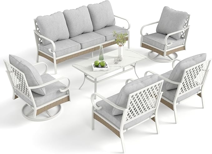 MIXPATIO 6 Piece Patio Furniture Set, 2 x Fixed Chair, 2 x Swivel Chair, 1 x 3-Seat Sofa with Marbling Coffee Table, 7 Seats Outdoor Conversation Set for Lawn Garden Backyard, Light Gray