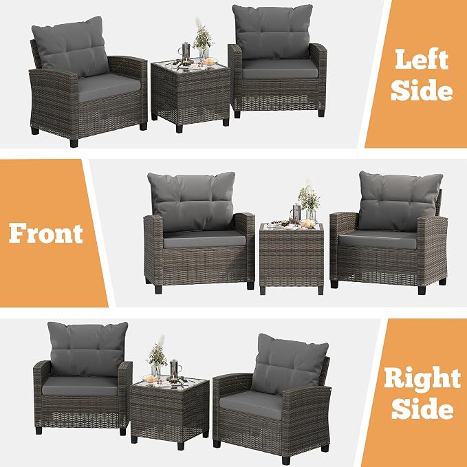 Shintenchi 3 Pieces Patio Furniture Set 3 Pieces PE Rattan Wicker Chairs with Table Outdoor Furniture for Backyard/Garden/Poolside/Outdoor Restaurant Gary Rattan with Gary Cushion