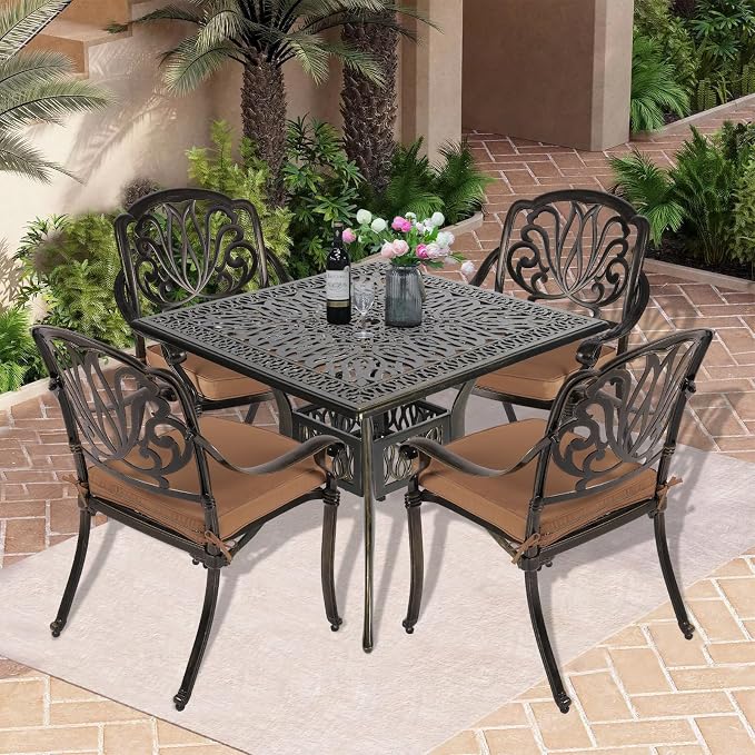 5-Piece Outdoor Patio Dining Set, All-Weather Cast Aluminum Patio Table Set, Include 4 Cushioned Chairs and a 35.4 inch Square Table w/Umbrella Hole for Balcony Garden Backyard, Khaki