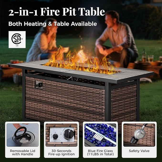 MIXPATIO 8-Piece Wicker Patio Furniture Set with Swivel Chairs, High Back Outdoor Furniture with Fire 57'' Pit Table and Ottoman, All-Weather Wicker Patio Conversation Set for Deck Yard Pool, Beige