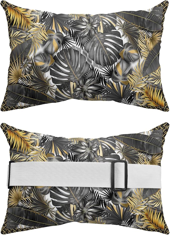 Outdoor Pillows Covers with Inserts Luxury Gray Golden Palm Leaves Tropical Plant Waterproof Recliner Pillow with Adjustable Strap Throw Pillows for Patio Furniture Pool Lounge Chair, 12x20 inch, 1PCS