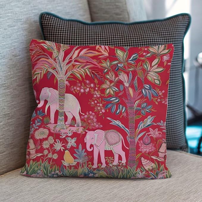 Animal Pink Chinoiserie Pillow Cover Thailand Elephant Jungle Throw Pillow Cover Classic Throw Pillow Covers Farmhouse Decorative for Patio Garden Couch Deck Chair 26x26 in