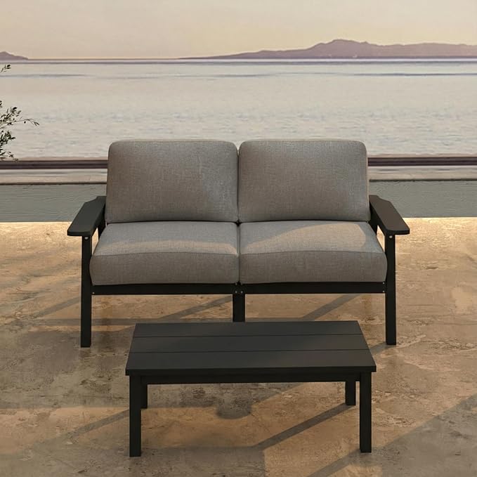 Patio Furniture Set 2 Seats, HDPE Outdoor Sectional with Gray Washable Thick Cushions, Coffee Table, Patio Conversation Sets for Lawn, Garden, Porch, Balcony, Deck (Black Frame)