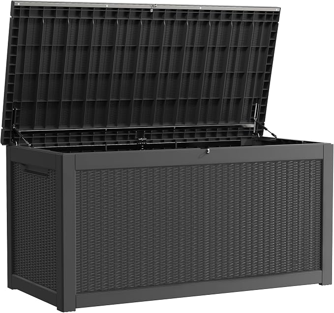 Outdoor Storage Box, 320 Gallon Lockable Resin Deck Box Large Waterproof, Patio Storage Bin for Furniture Cushion, Garden Tools and Pool Accessories, UV-Resistant Bench for Outside, Black