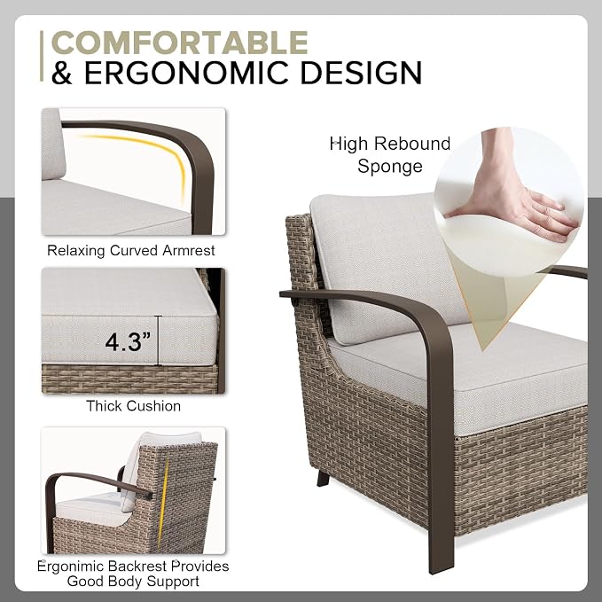 COOS BAY Aurora Terrace 6 Piece Outdoor Sectional Furniture Set, Half Moon Rattan Wicker Conversation Set with Patio Chairs, 4 Seat Sofa & Coffee Table for Patio Garden Yard, Beige/Beige