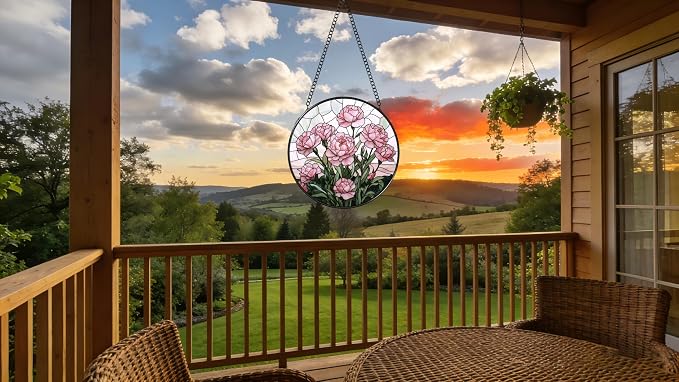 Stained Glass Window Hanging - Blooming Pink Peonies 6.3 Inches Suncatcher for Garden Home Decor for Women Mom Grandma Friends