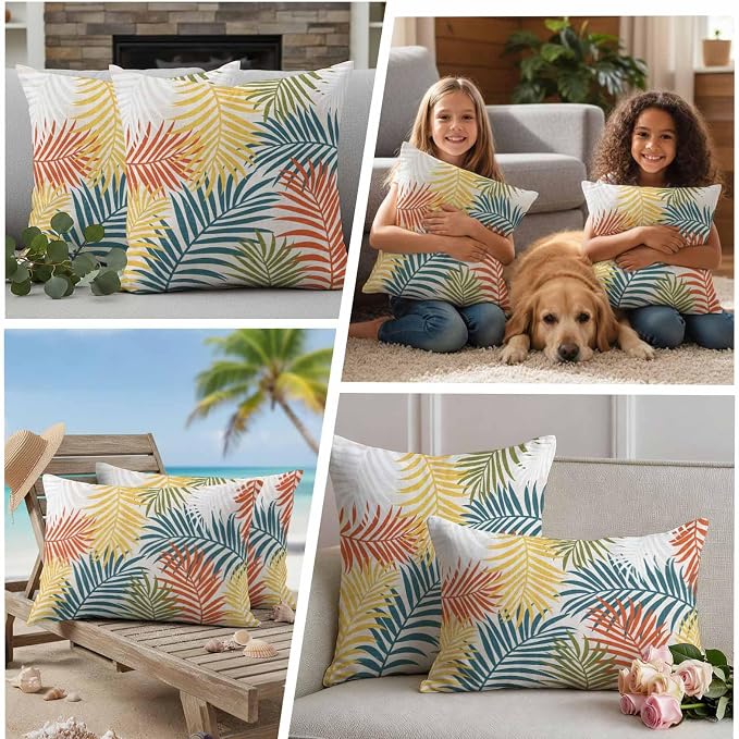 Outdoor Waterproof Throw Pillow Covers, Orange Green Yellow Palm Leaves Decorative Pillow Cases, Summer Botanical Tropical Leaf Couch Pillow Protector Patio Sofa Cushion Covers 20"x20" 2 Pack