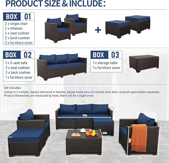 Rattan Star 6 Pieces Patio Outdoor Furniture Conversation Sets Patio Wicker Sofa Set with Outdoor Couch Patio Chairs and Storage Table Non-Slip Cushions Waterproof Covers, Navy Blue