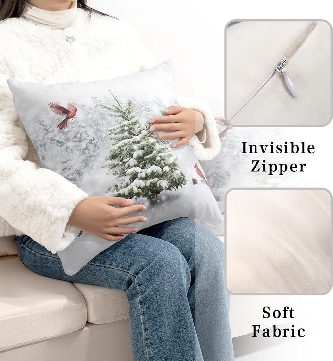 Set of 2 Snowy Winter Throw Pillow Covers 20x20 Natural Forest Pillow Case Christmas Pine Tree with Cardinal Birds Cushion Case for Holiday Decorations Couch Living Room