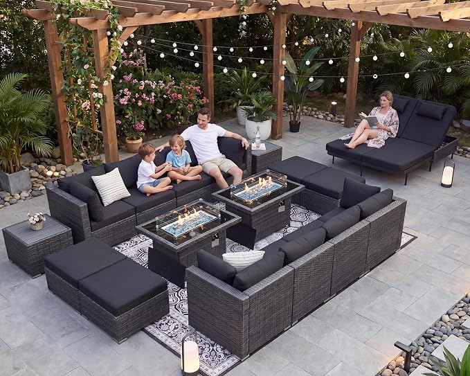 NICESOUL 18 Piece Outdoor Sectional with Fire Pit Table, 29.3'' High Back Extra Large Patio Furniture Set with Firepit & Chaise Lounge, 14-Person Outdoor Sofa Conversation Couch, Grey & Black