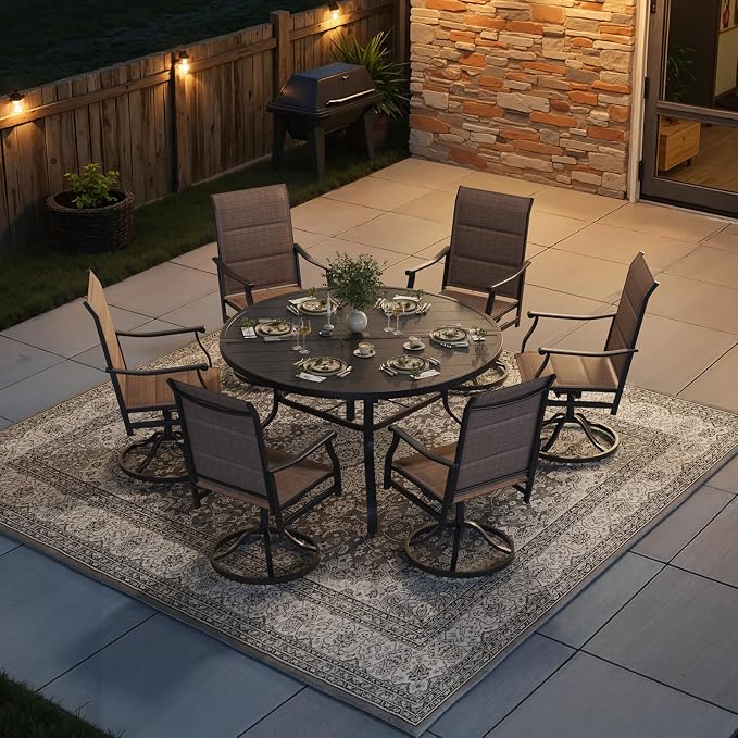 Soohow Outdoor Dining Set for 6, 7-Piece Round Table Patio Dining Set, 6 x Swivel Patio Chairs and 1 x 47 Round Outdoor Dining Table, for Poolside, Backyard and Proch