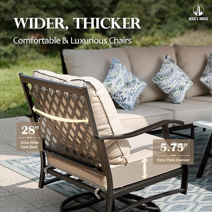 HERA'S HOUSE 4 Pieces Patio Furniture Set with Fire Pit Table, 2 x Swivel Cushioned Chair, 3-Seat Sofa with 45" Fire Pit Table, Outdoor Conversation Set for Garden, Poolside, Backyard