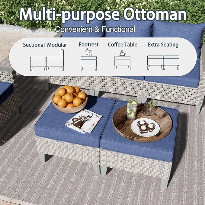 Outdoor Patio Furniture Set 7-Piece Modular Wicker Sectional Sofa with Ottomans and Thick Cushions, Modern Rattan Outdoor Conversation Couch for Garden Backyard, Navy