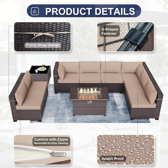 Kurapika 13 Pieces Patio Furniture Set, Rattan Wicker Outdoor Conversation Sets w/43in Propane Fire Pit Table, Swivel Rocking Chairs Patio Sectional Sofa w/4 Inch Cushion, Sand