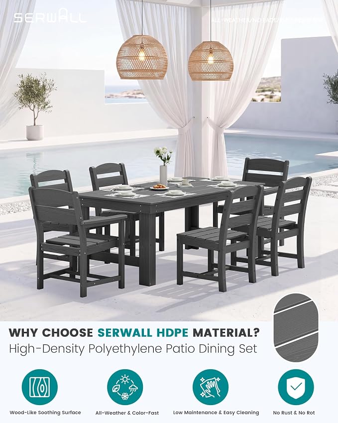 SERWALL HDPE Outdoor Dining Table and Chairs Set for 6 | with Armless Chair Seat