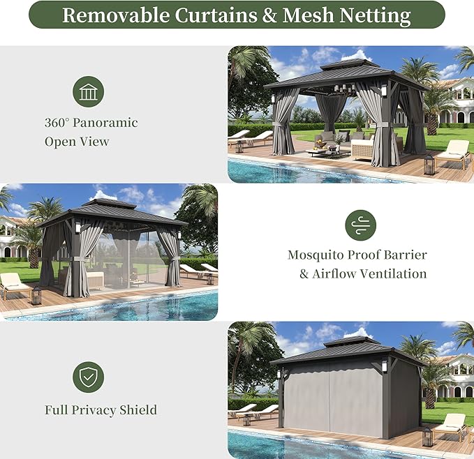 Aoxun 10'x12' Hardtop Gazebo with 4 LED Lights, Outdoor Gazebo with Galvanized Steel Double Roof, Patio Gazebo with Breathable Netting & Privacy Curtain, Decor Hooks for Backyard, Gray