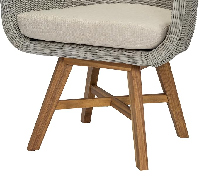 Christopher Knight Home Ambes 7 Piece Acacia Wood Outdoor Dining Set for 6, Patio Dining Table and Chair Set with Curved Rattan Backrest & Cushions, Outdoor Dining Table Set, Beige+Grey Ash+Brown