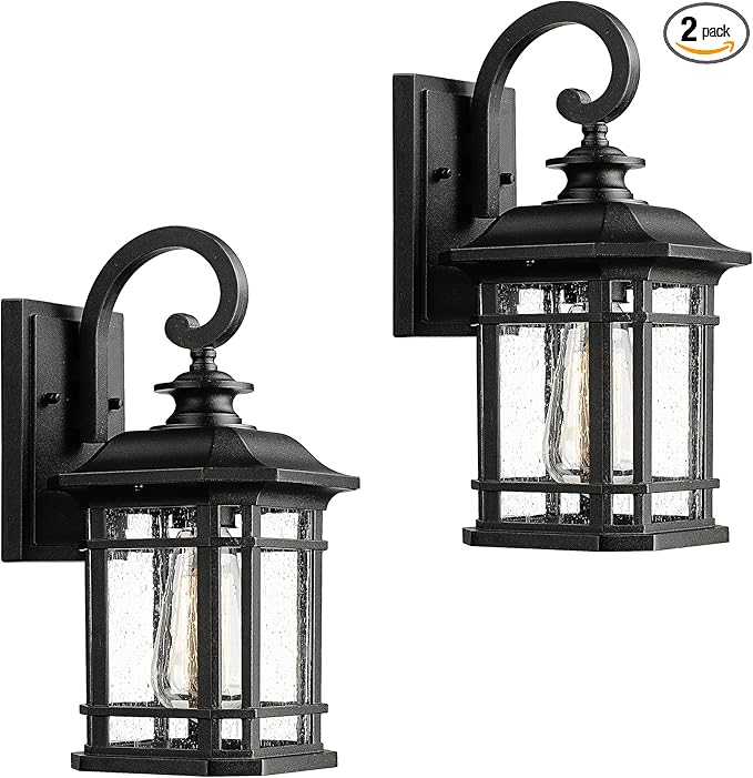 Emliviar Outdoor Wall Lanterns 2 Pack, 1-Light Exterior Wall Mount Light, Black Finish with Clear Seedy Glass, 2084B-2BK
