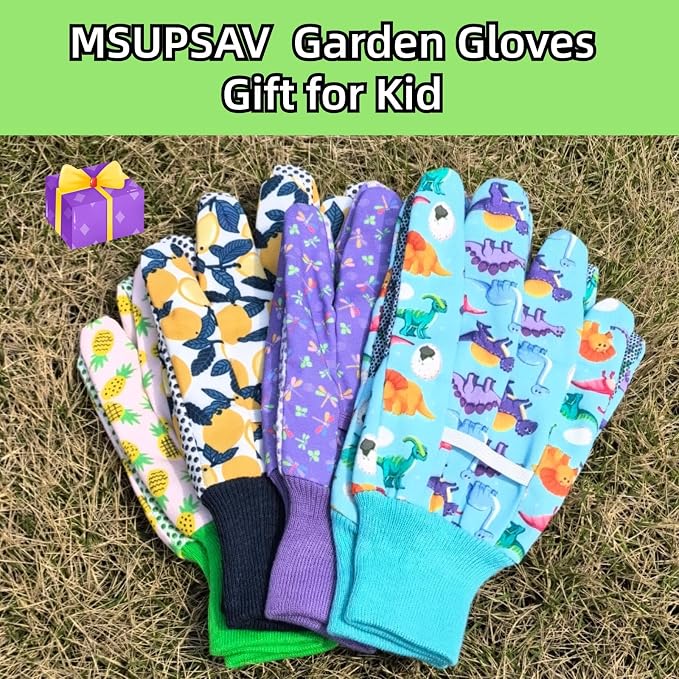 Gardening Gloves for Kids,Toddler,Children,Gift,Cute Pattern,Age3-8 | Canvas,Cute Floral Pattern,Anti-slip Dotted Palm,Soft Knit Wrist,Gardening Gift for Kid,Toddler,Daily Work,Outdoor Activities