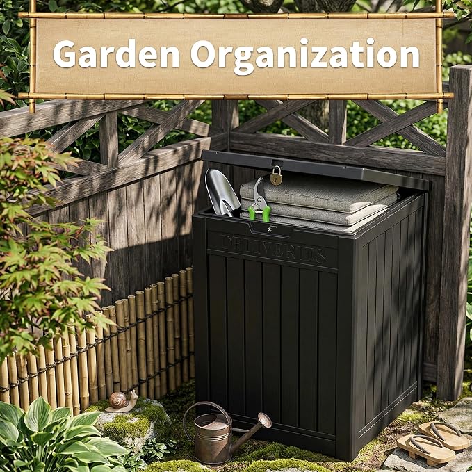 Package Delivery Box, Lockable Resin Outdoor Package, Waterproof Deck Box for Porches, Patios, Indoor & Outdoor Use (57 Gallon, Black)