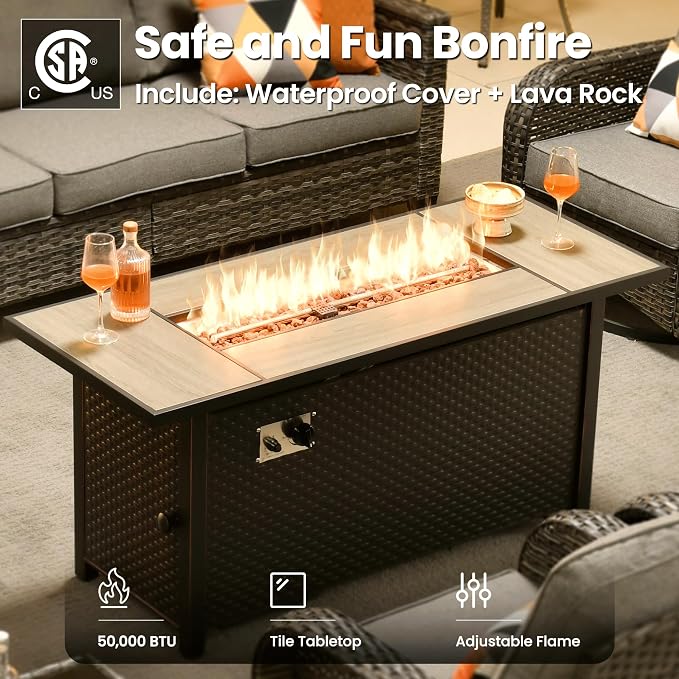 ovios 10 Pieces Patio Furniture Set, Outdoor Wicker Sofa Couch with Swivel Glider Chairs Solar Light Table Fire Pit, Modern Deep Seat Rattan Conversation Sets, Dark Grey